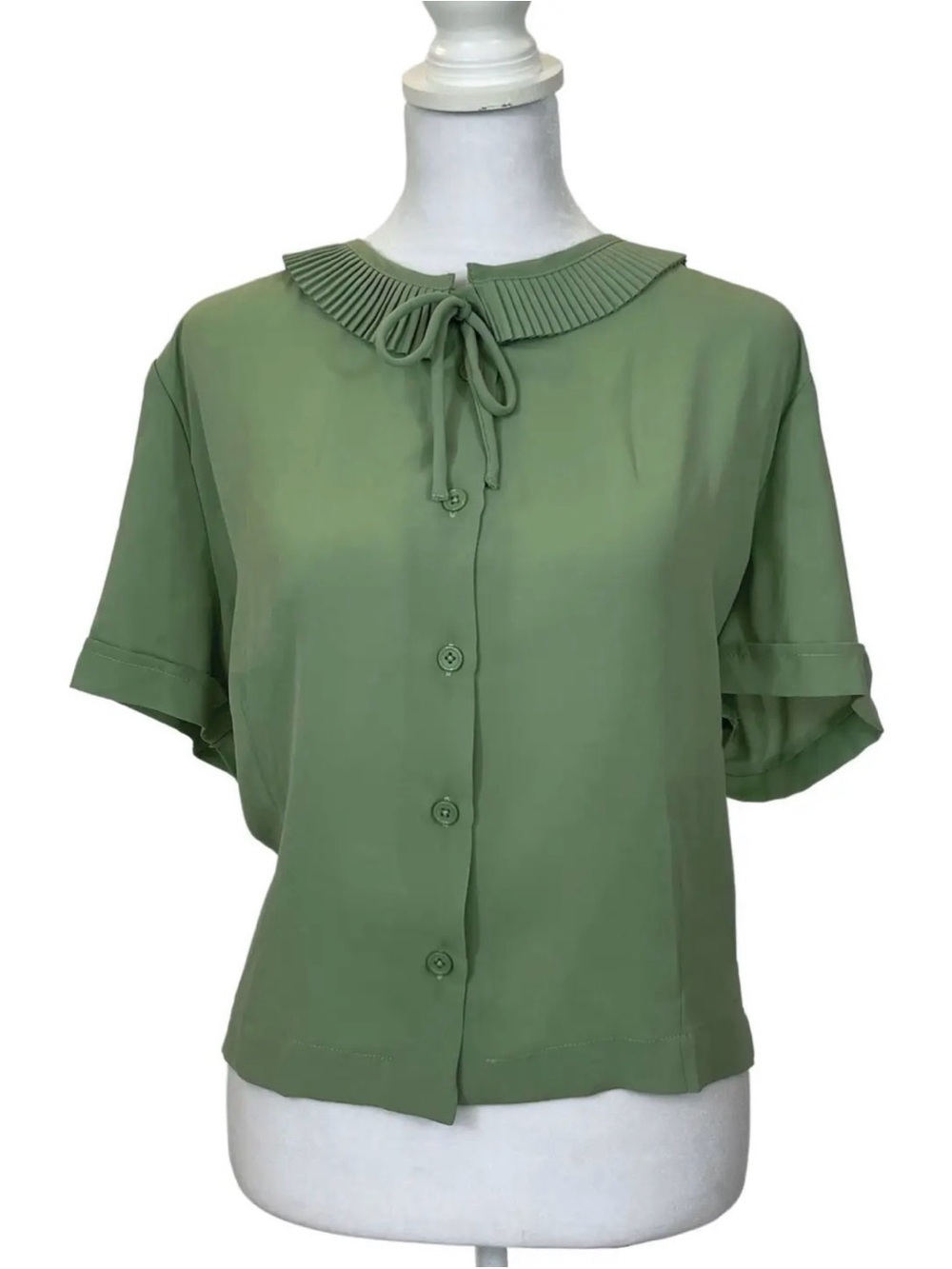 Tatyana Pleated Collar Tie-Front Blouse in Pistachio